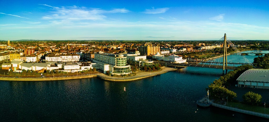 Aerial view of Southport Marine Lake, waterfront and Marine Way Bridge