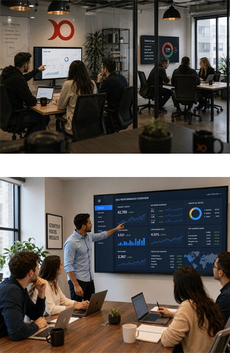 Agency team reviewing SEO performance dashboards in a meeting room