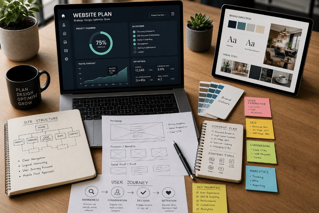 Website planning workspace with sketches, wireframes and a brand mood board