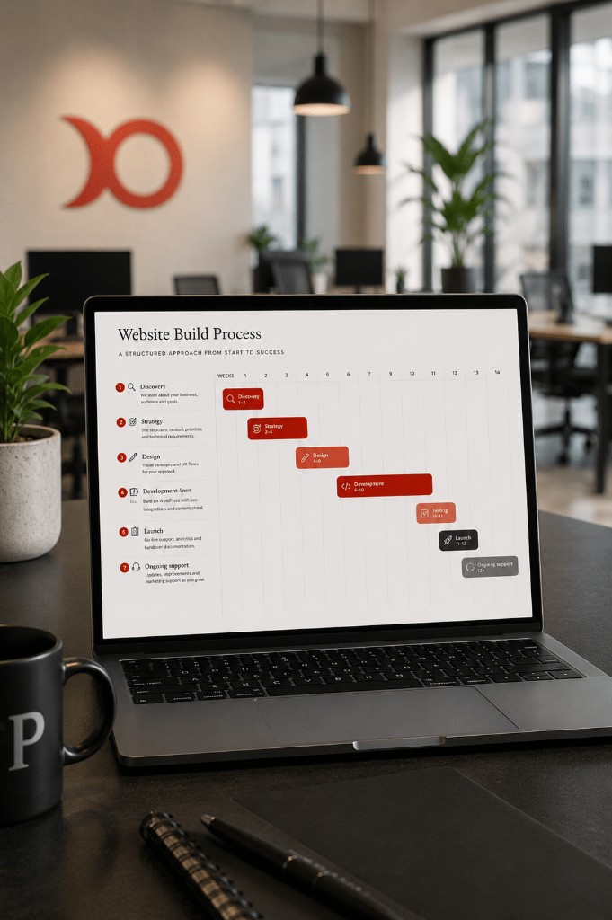 Laptop showing a website build process timeline on a studio desk