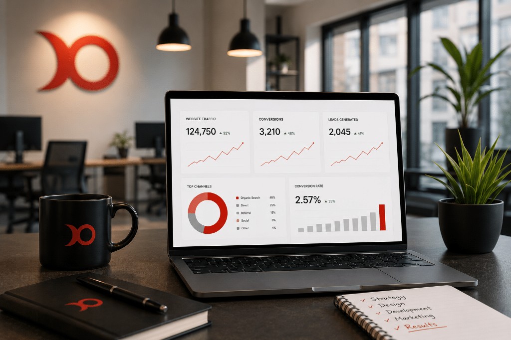 Laptop showing website traffic, conversions and leads performance dashboards