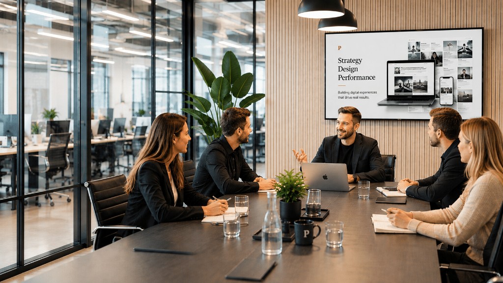 Team meeting in a modern office with a screen showing website design work
