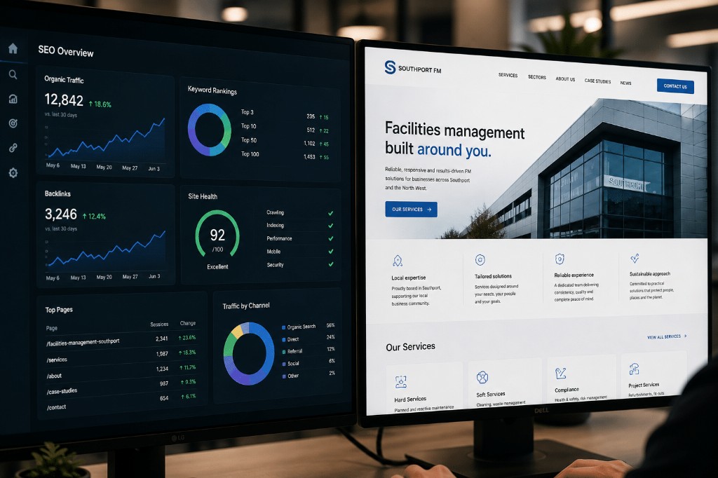 SEO analytics dashboard and Southport FM website on dual monitors