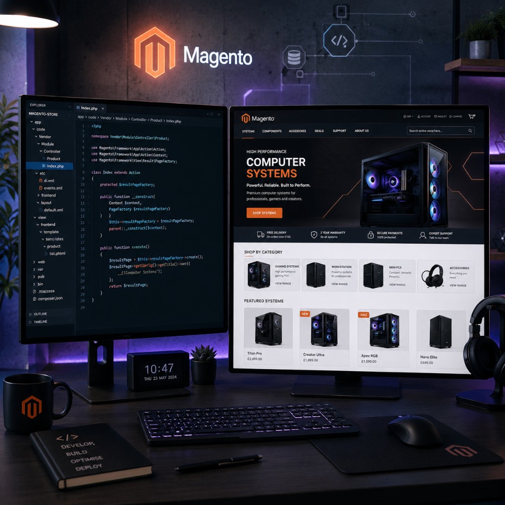 Magento development workspace with dual monitors showing Magento code and an e-commerce storefront