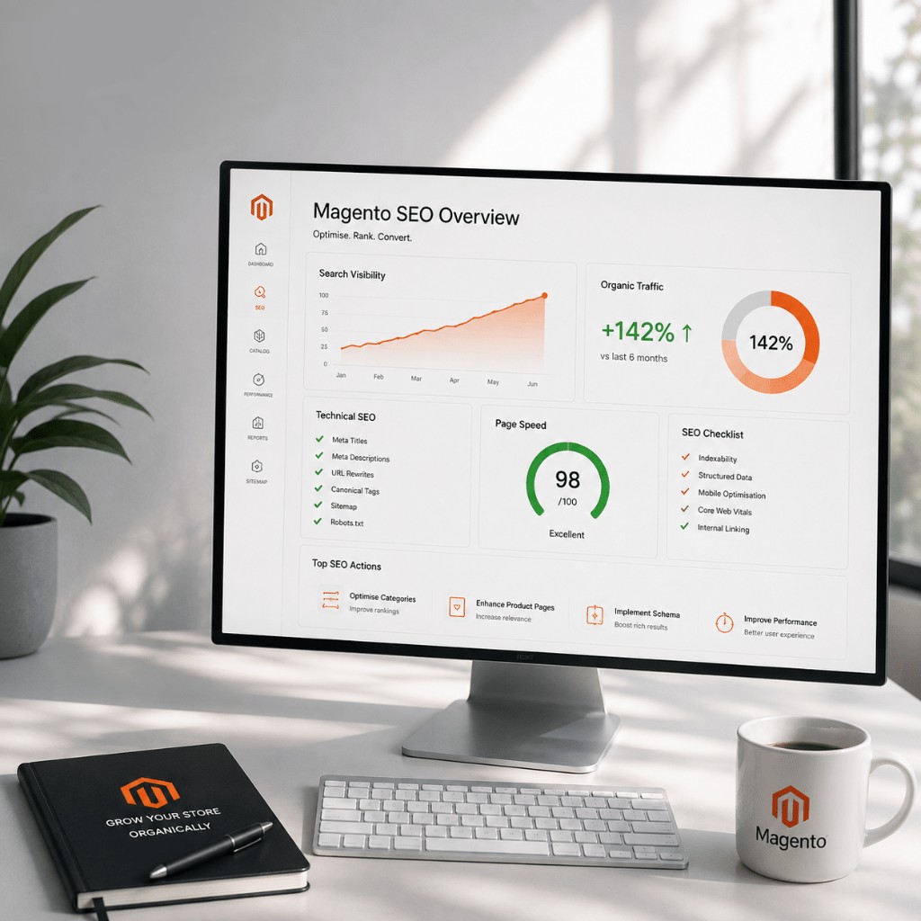 Magento SEO overview dashboard on a studio desk