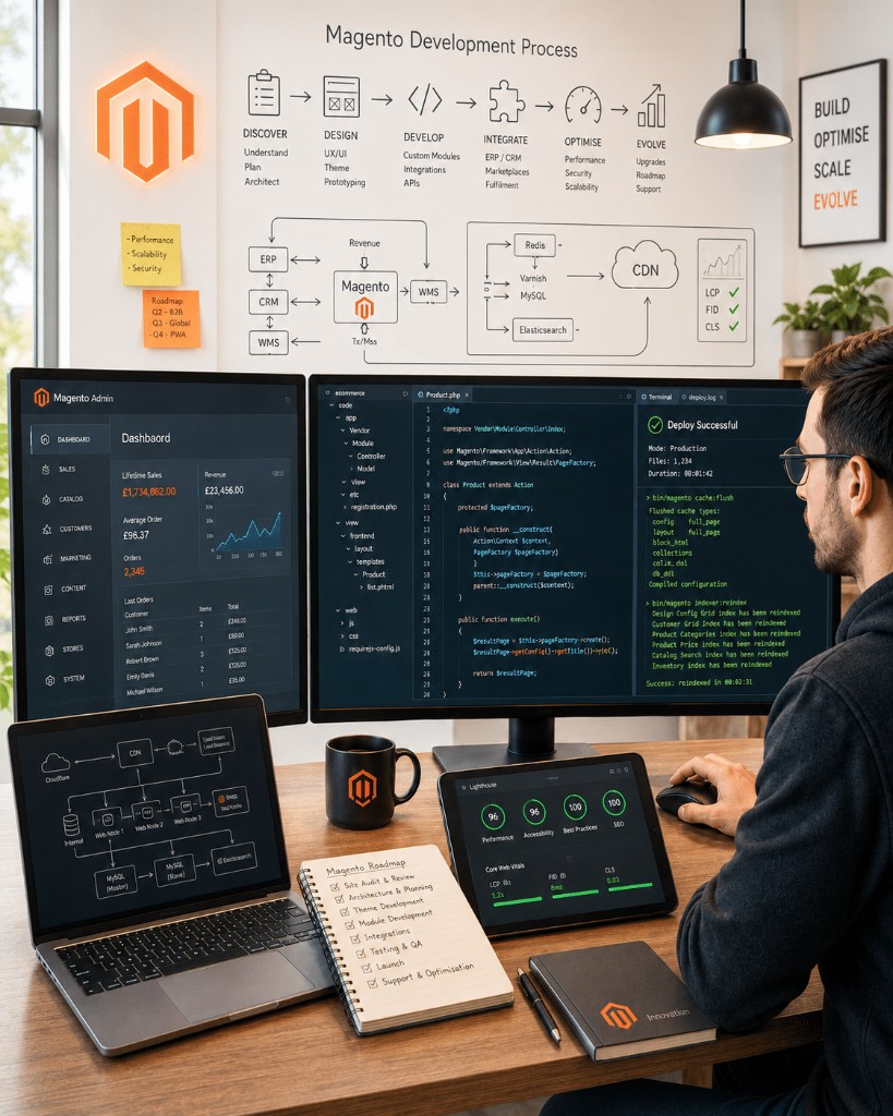 Magento development process workspace with architecture diagrams, admin dashboard and performance scores