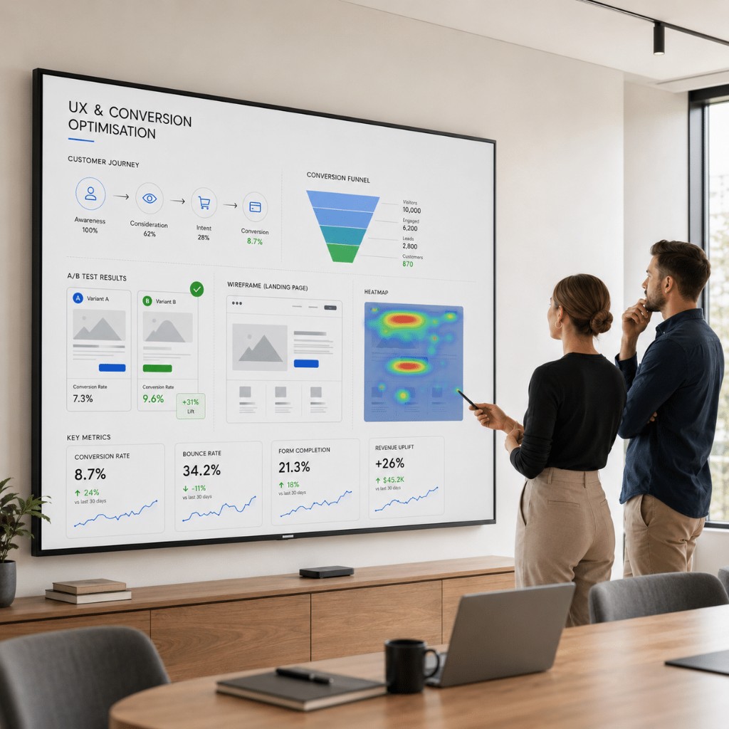 Team reviewing a UX and conversion optimisation dashboard in a meeting room