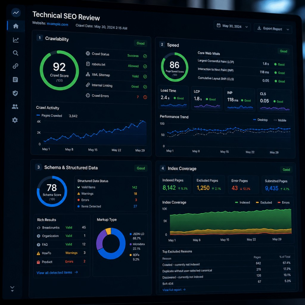 Technical SEO review dashboard showing crawlability, speed, schema and index coverage