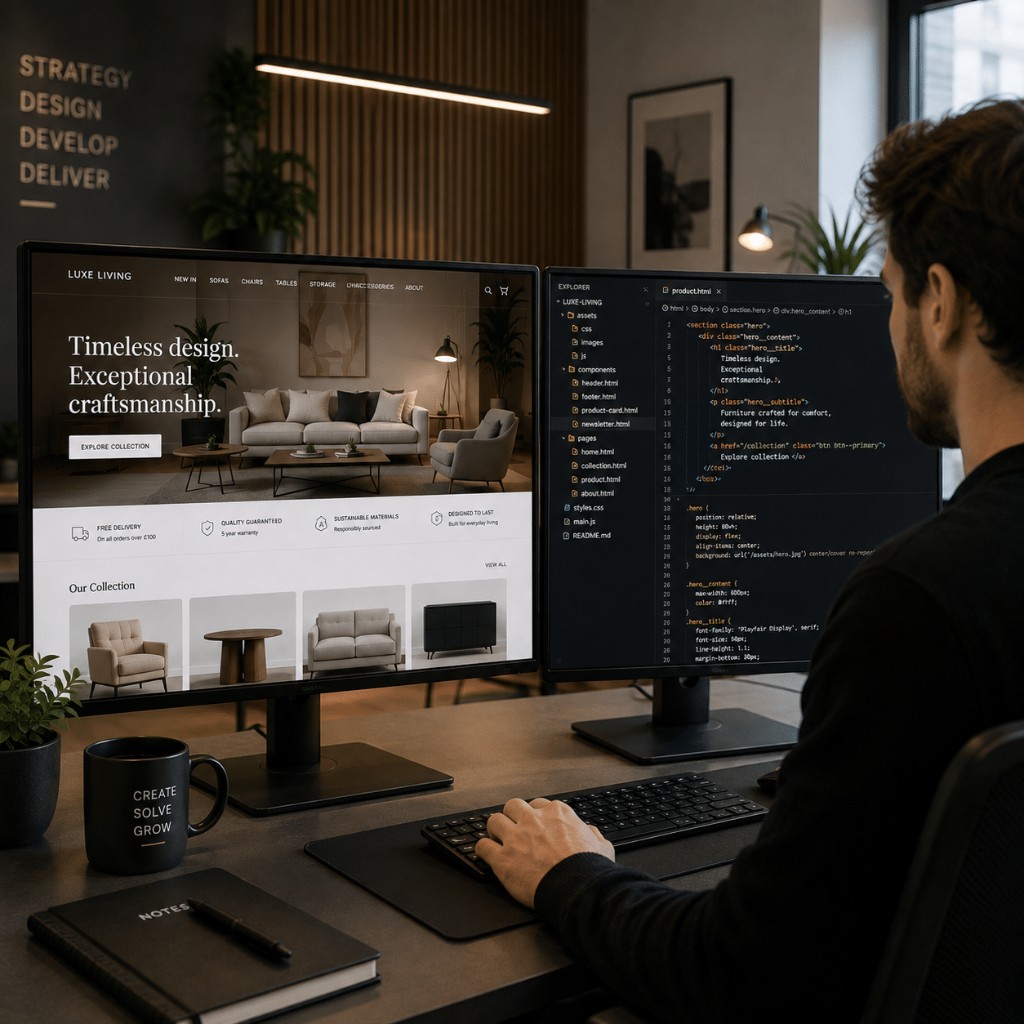 Developer working on a furniture website design and matching HTML CSS code on dual monitors