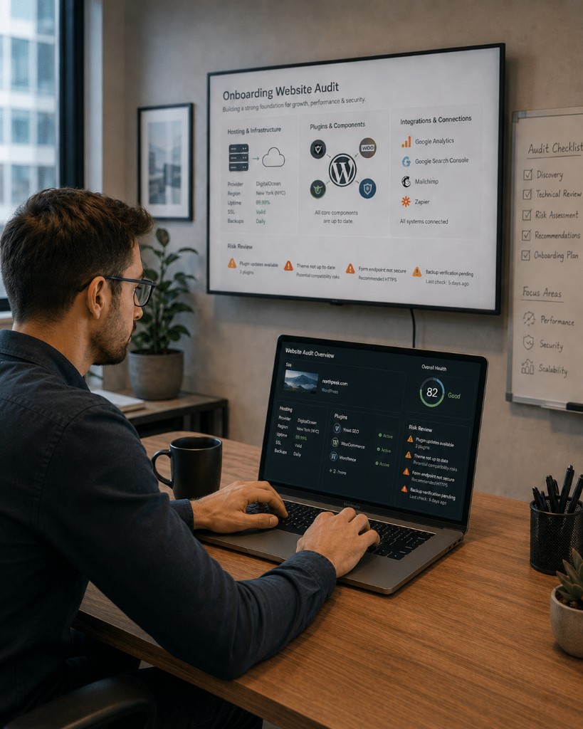 Developer reviewing a website audit overview on a laptop with an onboarding checklist