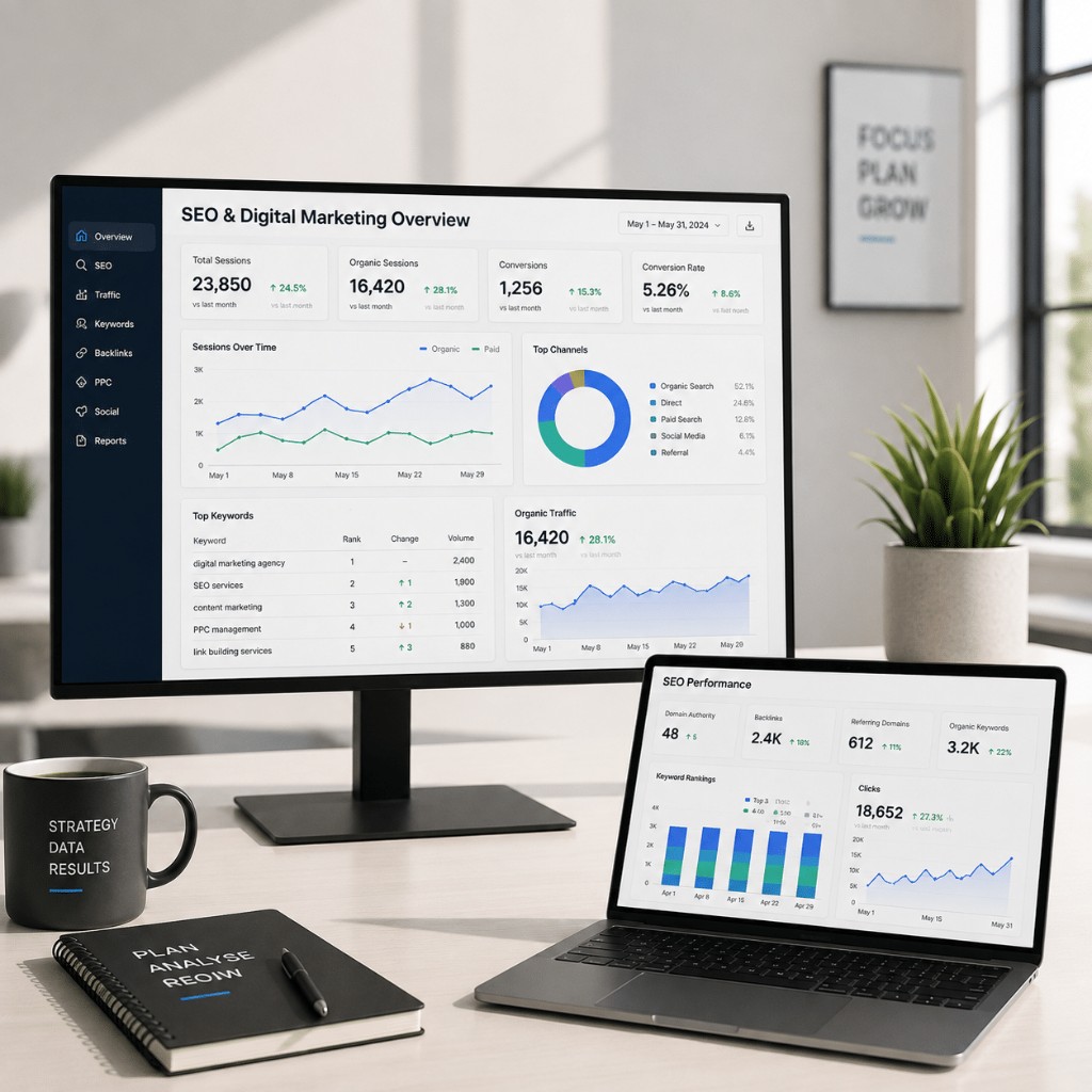 SEO and digital marketing overview on a dual-screen workspace
