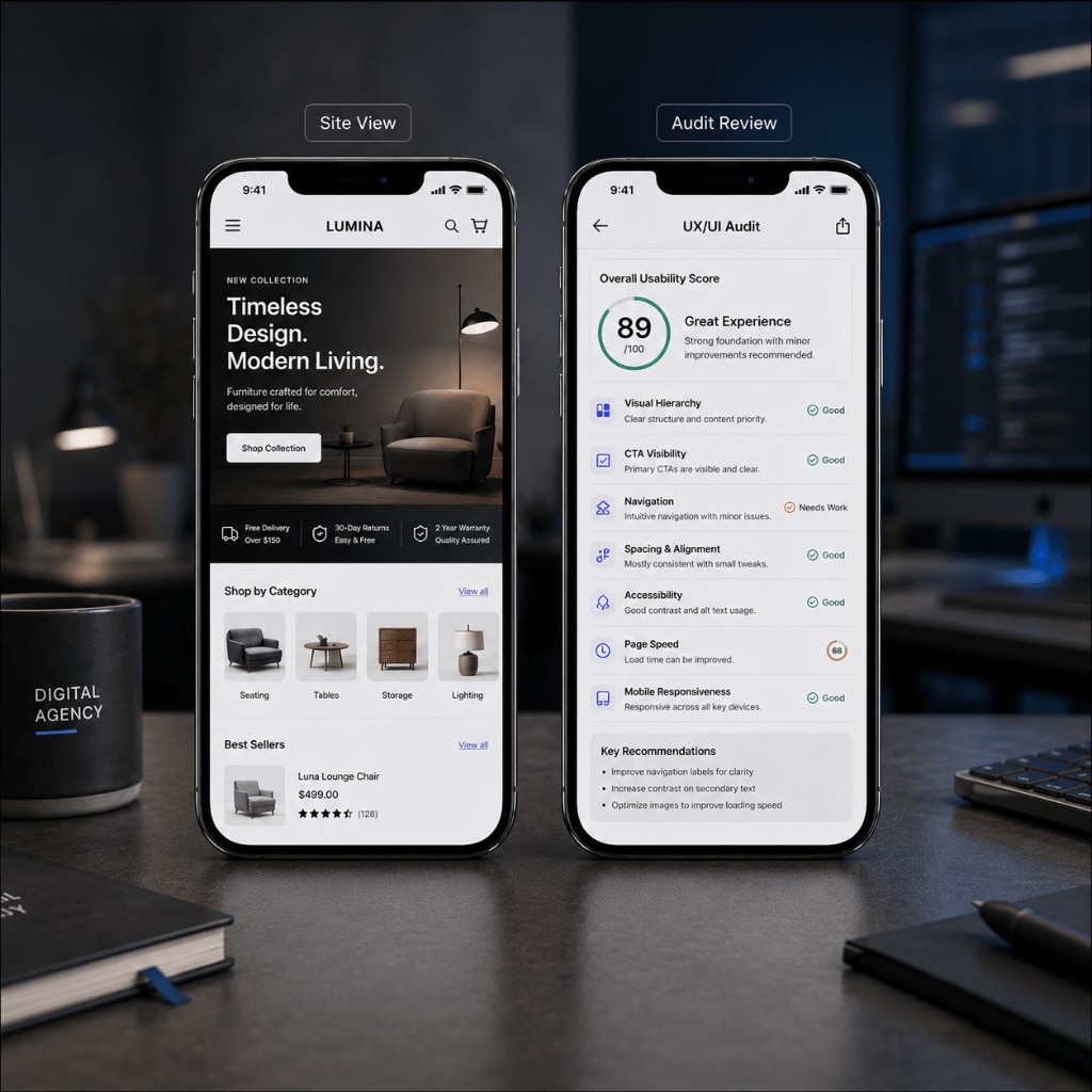 Hands holding a phone showing a conversion-focused mobile journey with numbered UX callouts