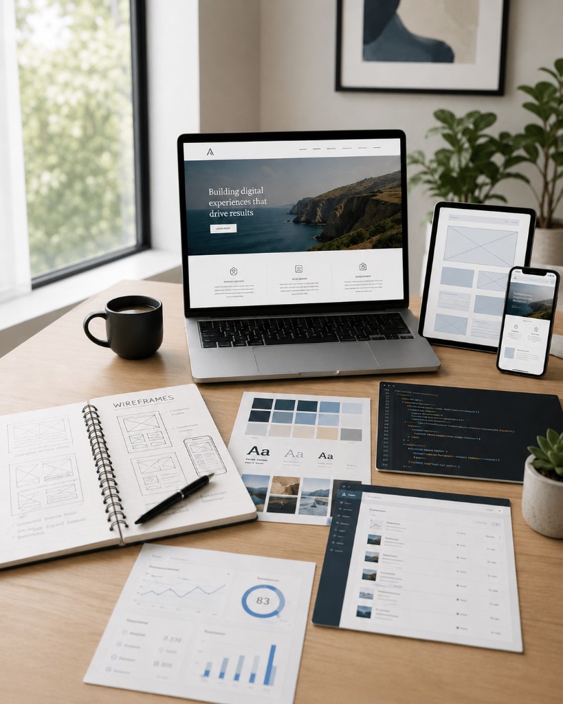 Web design workspace with laptop, wireframes, colour palette and responsive layouts