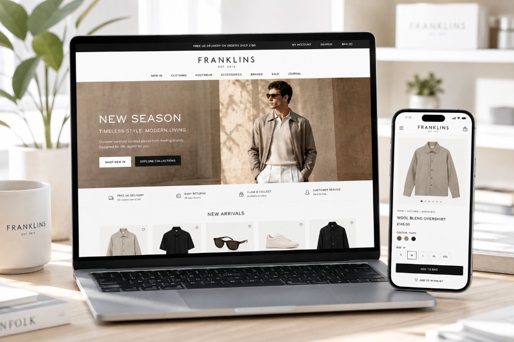 WooCommerce store design on a laptop with code, wireframes and checkout UI overlays