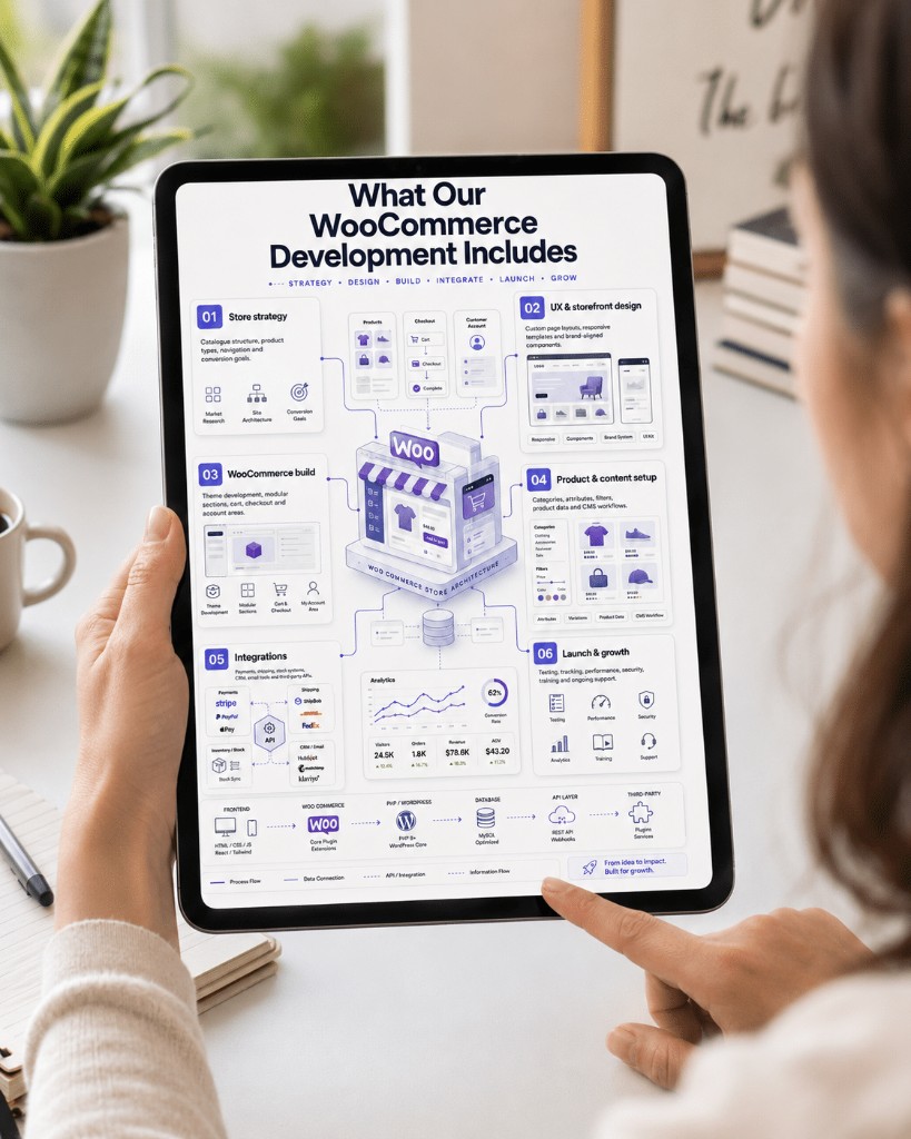 Tablet showing what WooCommerce development includes, from store strategy to launch