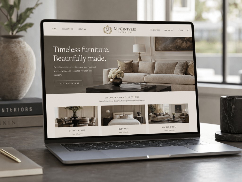 McCintyres Interiors website design shown on a laptop