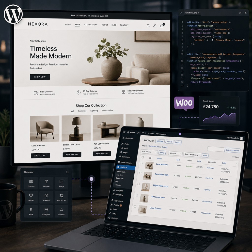 WordPress and WooCommerce workspace showing a storefront, admin and page builder