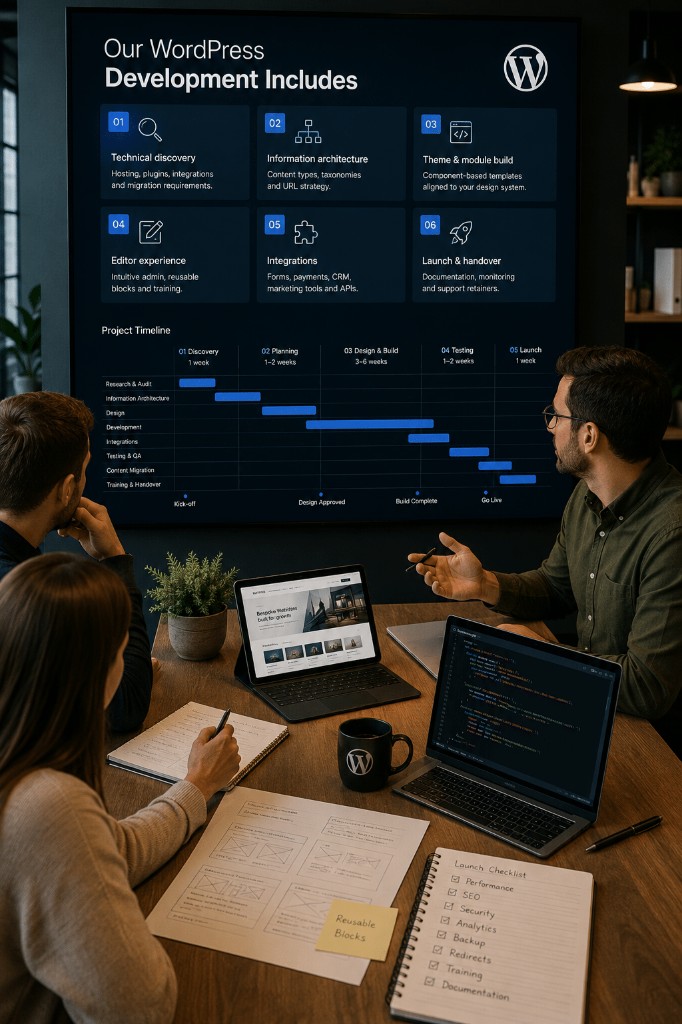 Team reviewing what WordPress development includes on a large screen